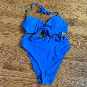 NWOT Aerie Bright Blue Bikini Set, Cross front, High-waist, Size M/L